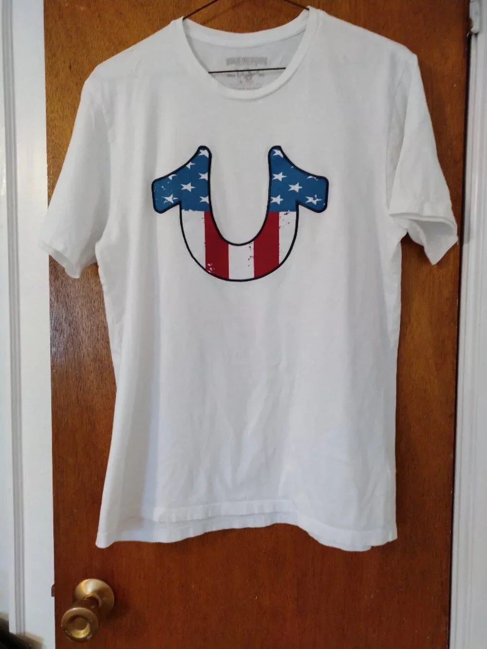 True Religion T-shirt Mens Sz. L White Crew Neck American Flag Horseshoe